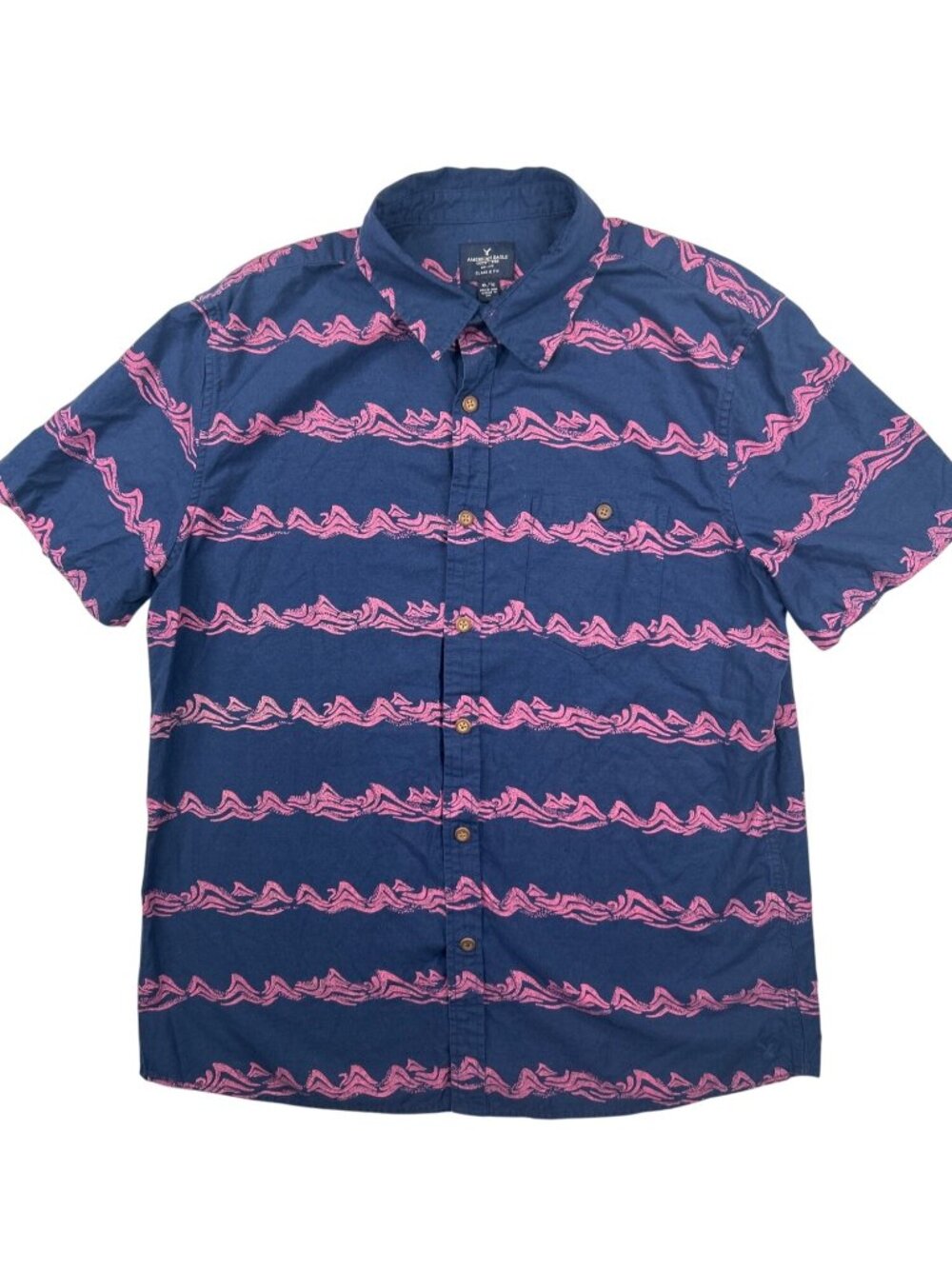 AEO Men's XL Button Up Shirt Navy Wave Print Coastal Nautical Resortwear